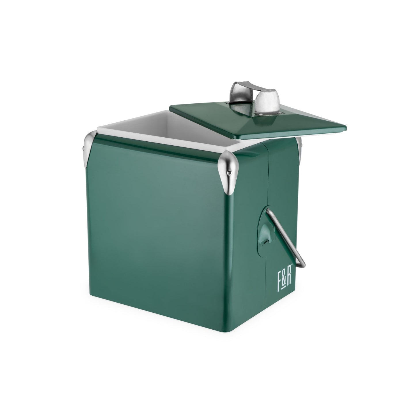 Retro-style vintage metal cooler with a classic design, featuring a sturdy handle and sleek finish, perfect for keeping drinks cool in style.