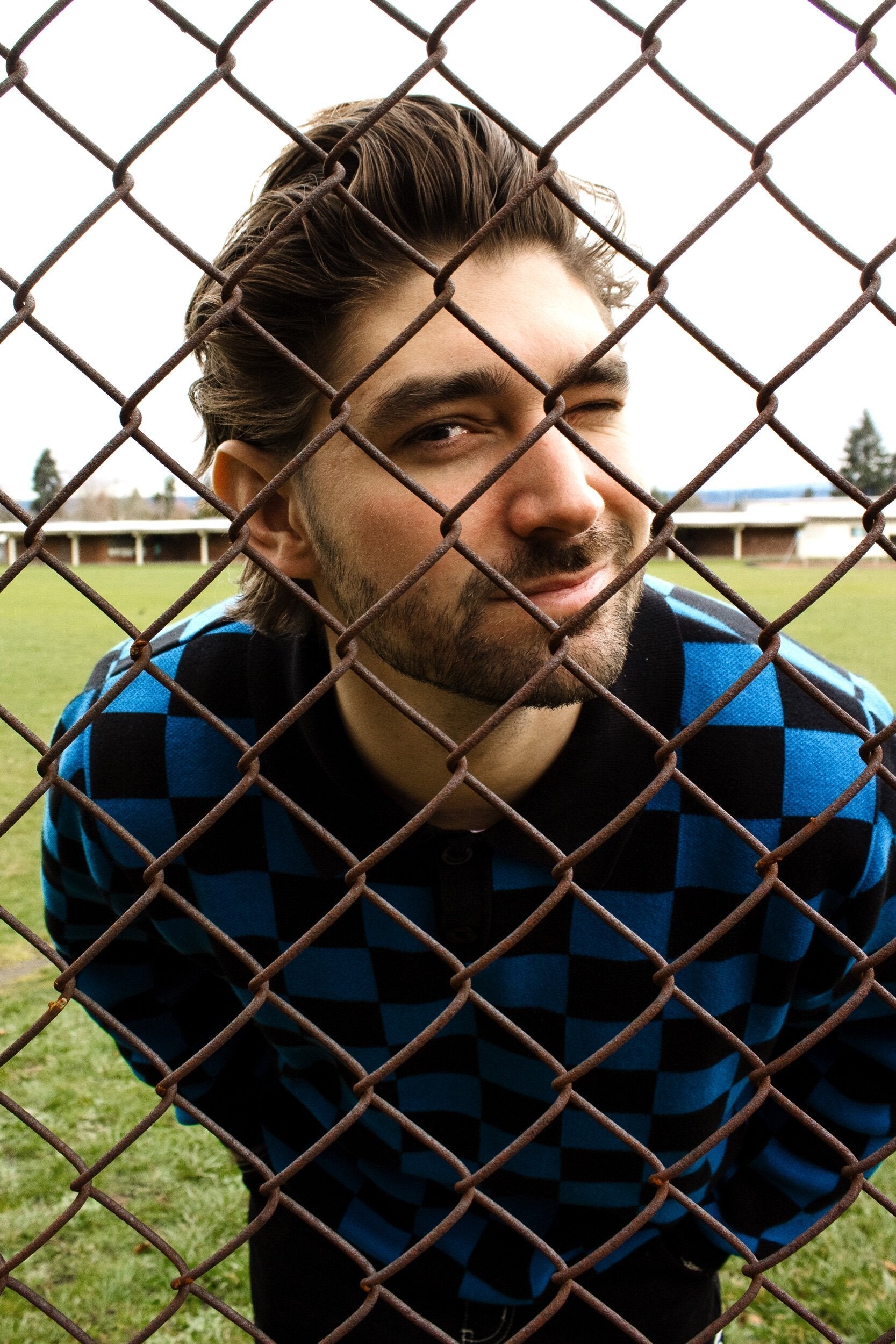 Checkered Knit Polo Sweater - Blue