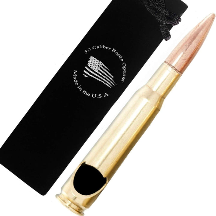 Bottle opener crafted from an authentic 50 cal casing, showcasing a rugged, military-inspired design for opening bottles with a unique, durable touch.