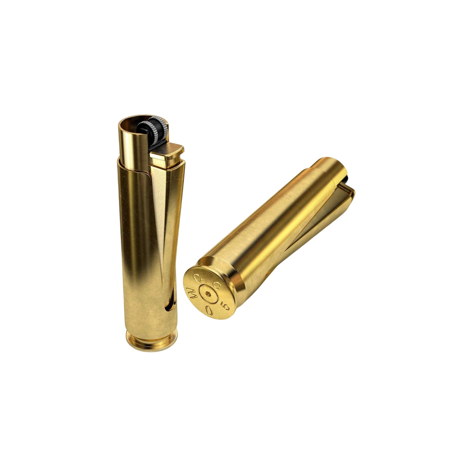 Unique 50 cal refillable brass lighter designed to resemble a bullet, featuring a durable, rugged finish and a convenient, practical design for lighting.