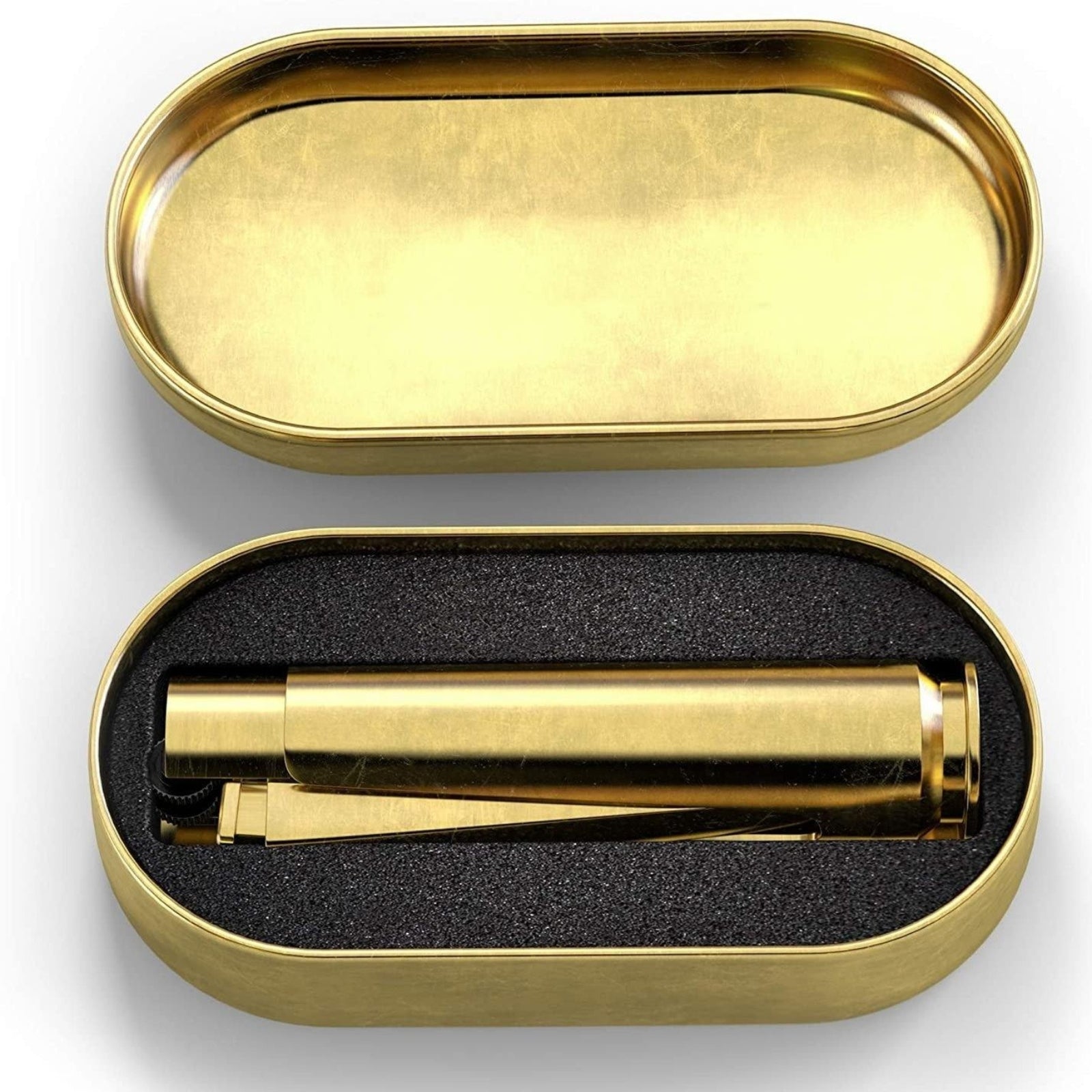 Unique 50 cal refillable brass lighter designed to resemble a bullet, featuring a durable, rugged finish and a convenient, practical design for lighting.