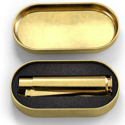 Unique 50 cal refillable brass lighter designed to resemble a bullet, featuring a durable, rugged finish and a convenient, practical design for lighting.