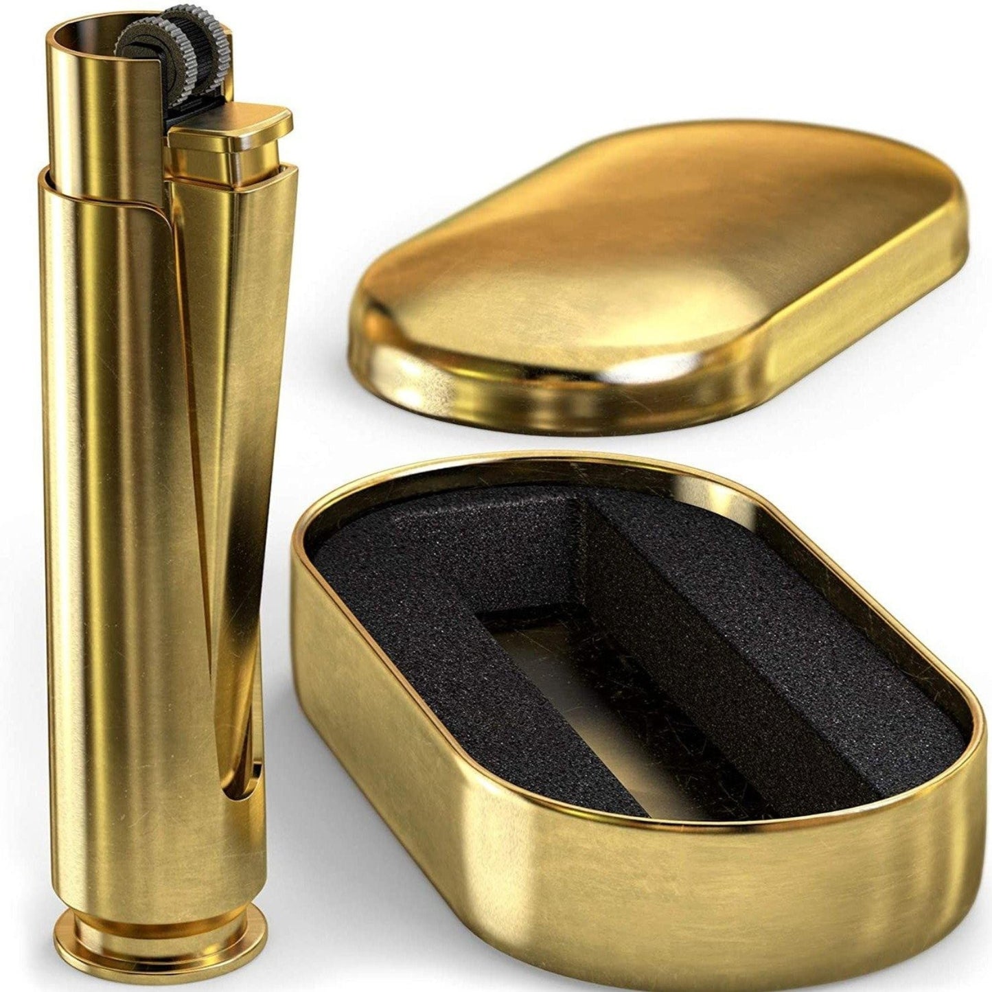Unique 50 cal refillable brass lighter designed to resemble a bullet, featuring a durable, rugged finish and a convenient, practical design for lighting.