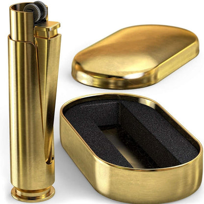 Unique 50 cal refillable brass lighter designed to resemble a bullet, featuring a durable, rugged finish and a convenient, practical design for lighting.