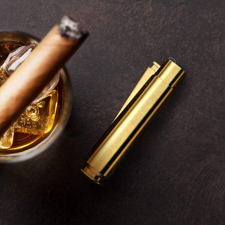 Unique 50 cal refillable brass lighter designed to resemble a bullet, featuring a durable, rugged finish and a convenient, practical design for lighting.