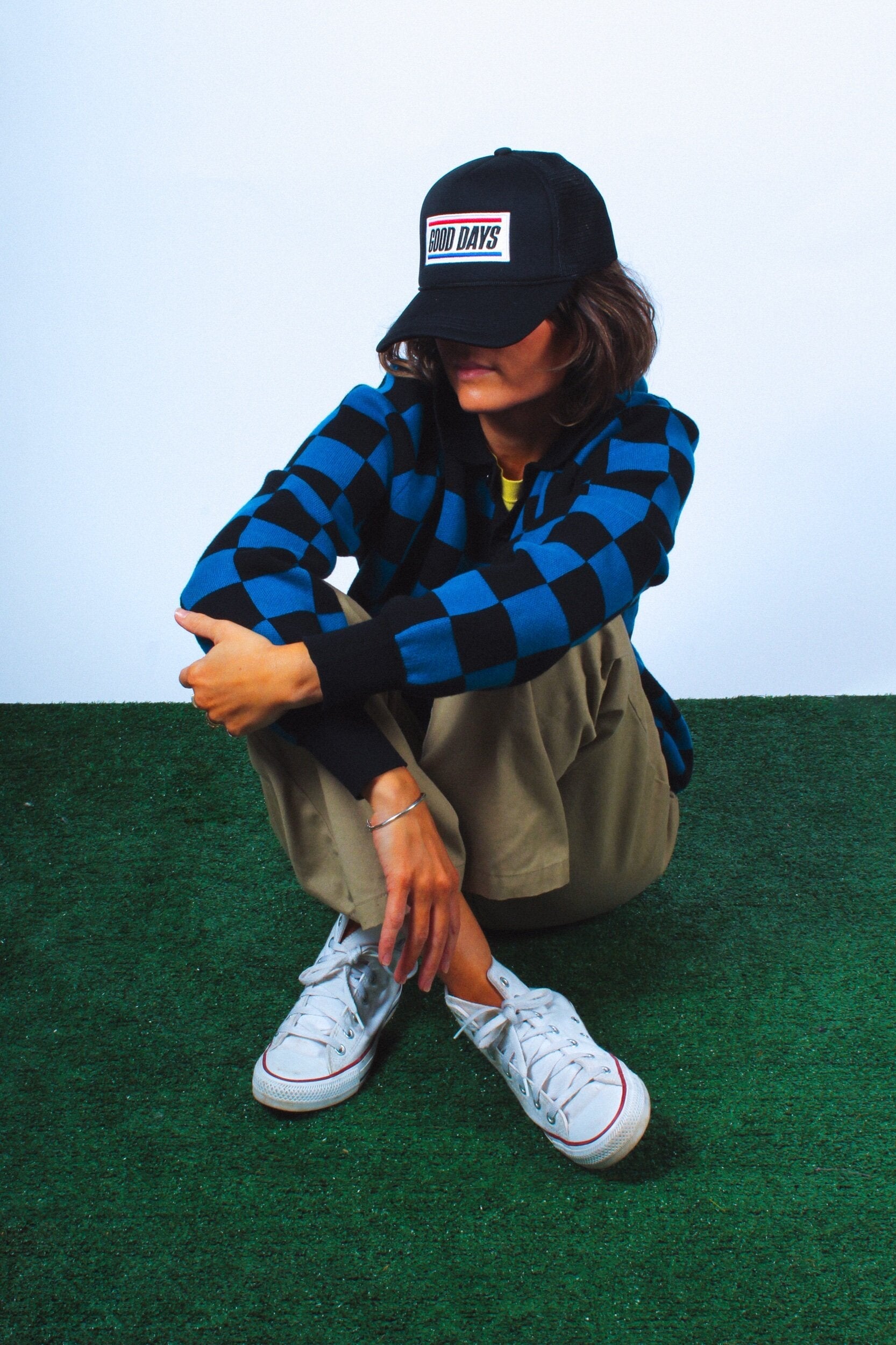 Checkered Knit Polo Sweater - Blue