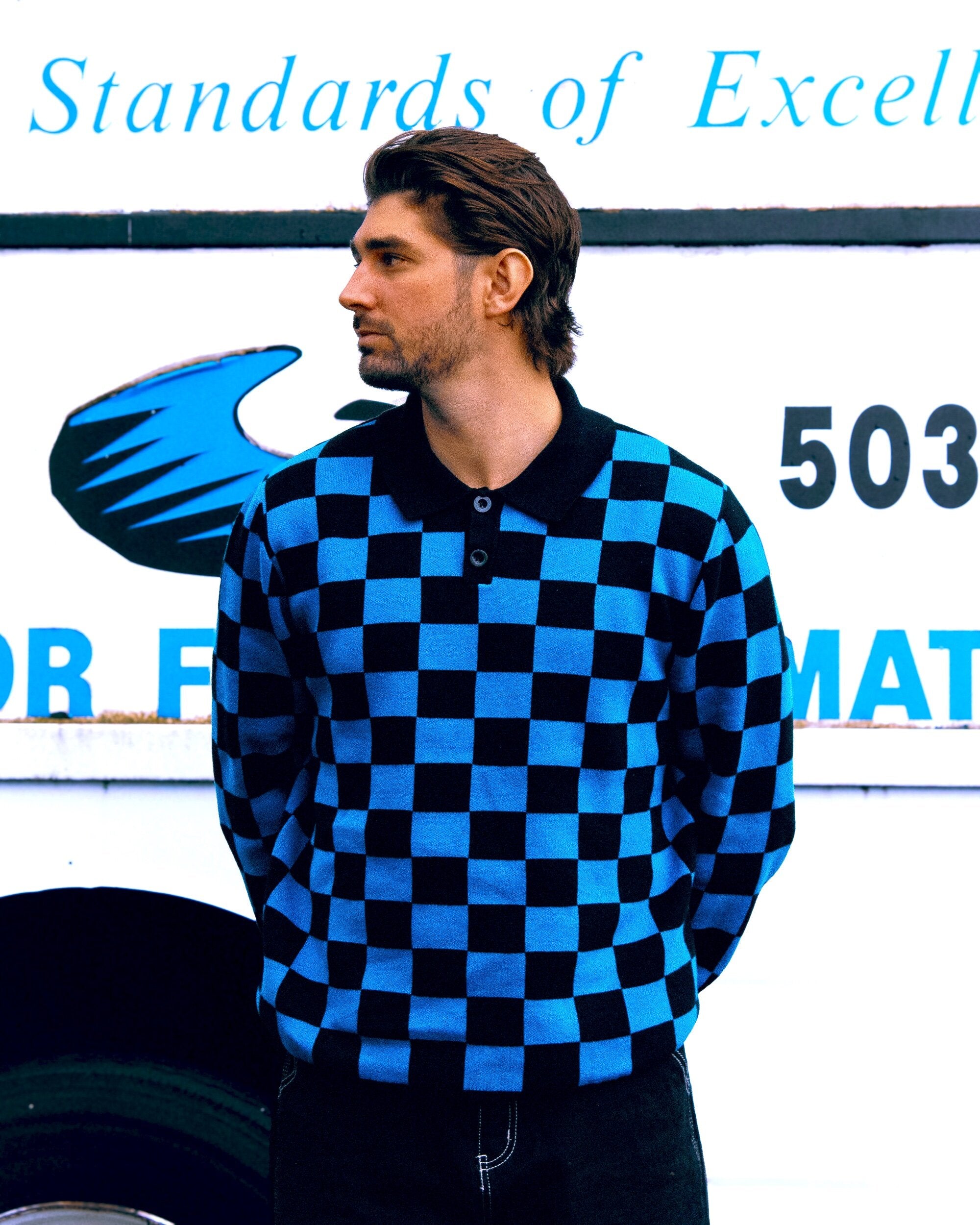 Checkered Knit Polo Sweater - Blue