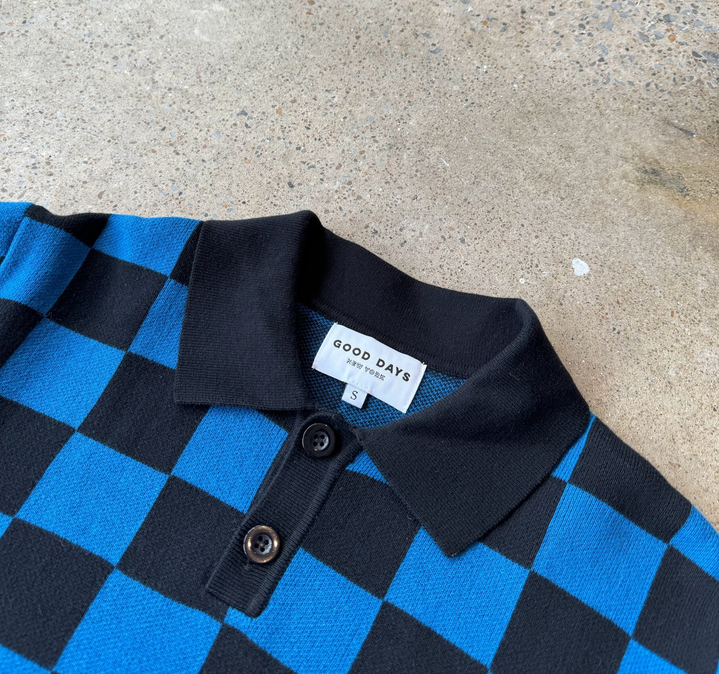 Checkered Knit Polo Sweater - Blue