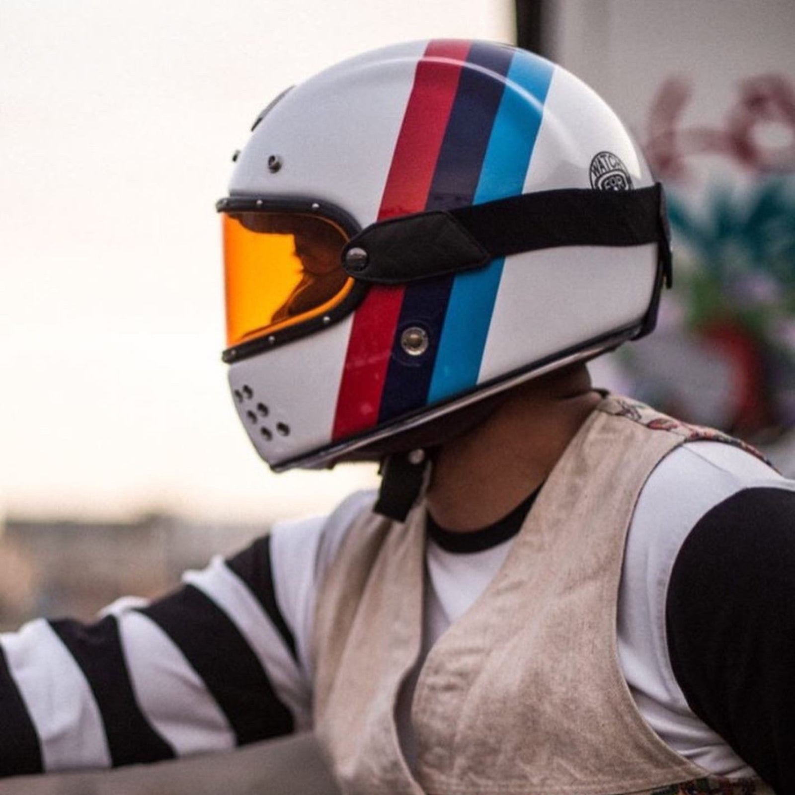 Alexander Guang Full Face Bavarian Three Stripe Moto-Rolla motorcycle helmet, unique color scheme, premium design for motorcycle riders.