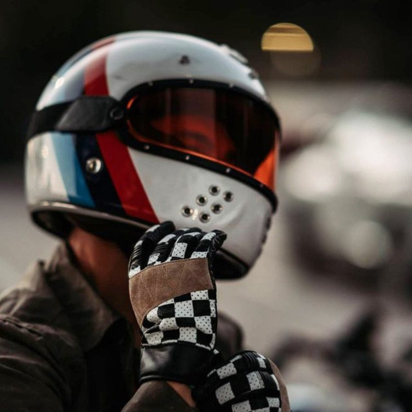 Alexander Guang Full Face Bavarian Three Stripe Moto-Rolla motorcycle helmet, unique color scheme, premium design for motorcycle riders.