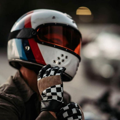 Alexander Guang Full Face Bavarian Three Stripe Moto-Rolla motorcycle helmet, unique color scheme, premium design for motorcycle riders.