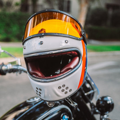 Alexander Guang Full Face Bavarian Three Stripe Moto-Rolla motorcycle helmet, unique color scheme, premium design for motorcycle riders.