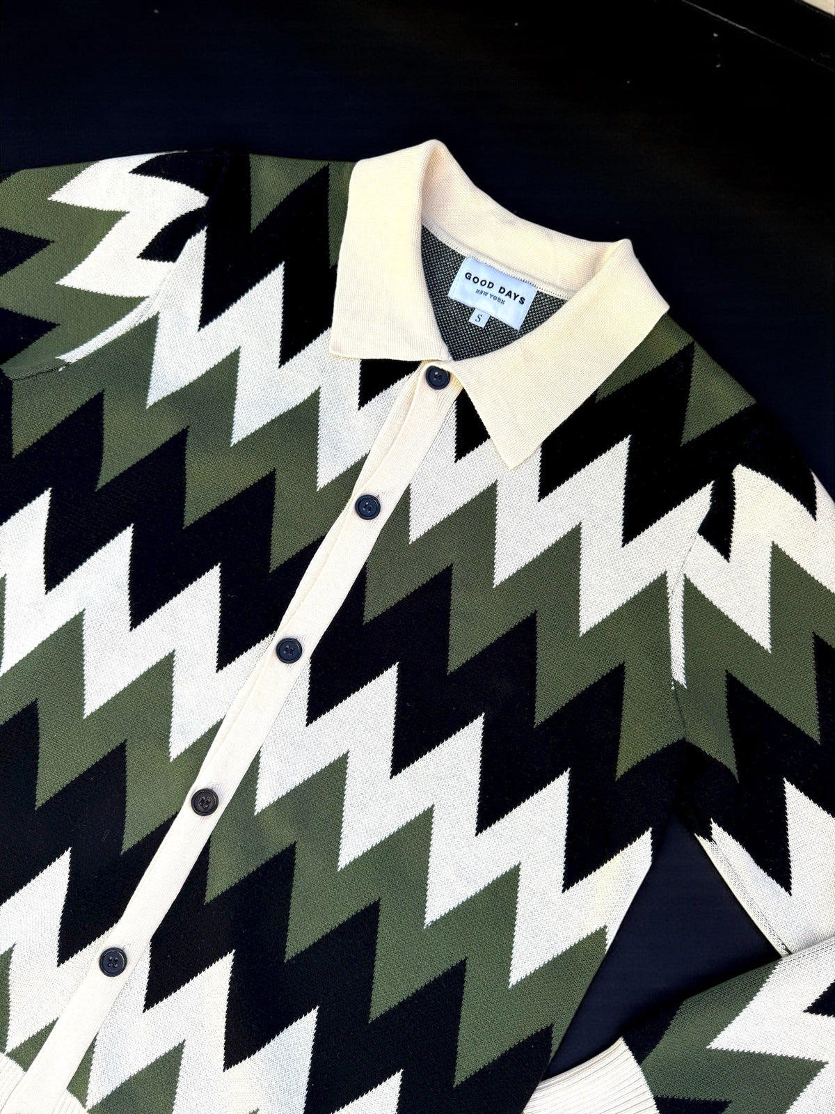 Zig Zag Knit Polo Cardigan - Green/Cream/Black