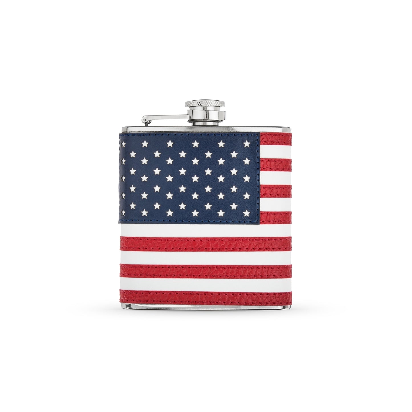 American flag flask, patriotic design, stainless steel flask with USA flag, perfect for 4th of July and outdoor events.