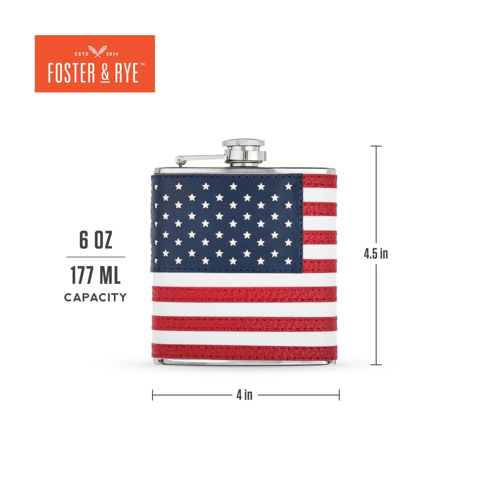 American flag flask, patriotic design, stainless steel flask with USA flag, perfect for 4th of July and outdoor events.