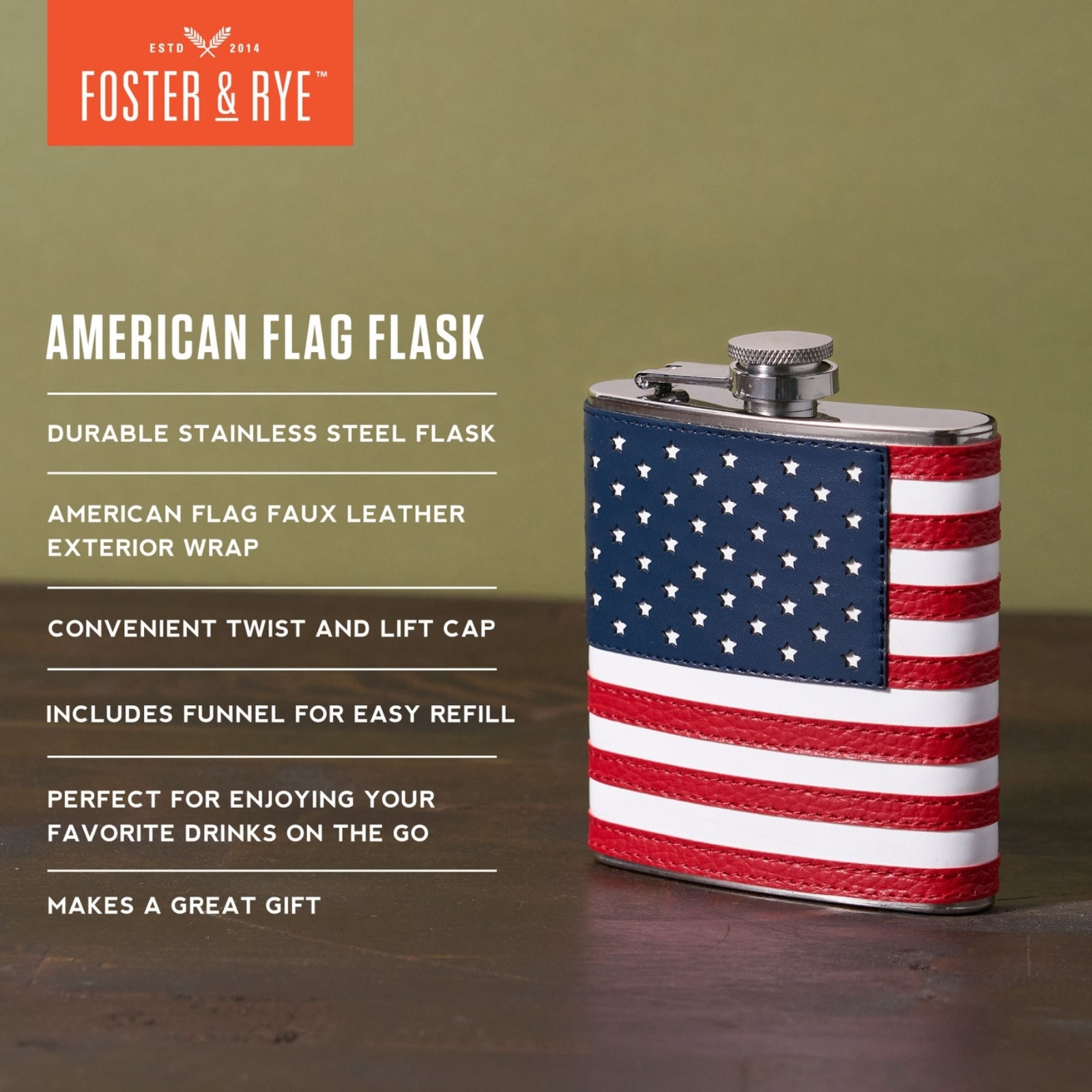 American flag flask, patriotic design, stainless steel flask with USA flag, perfect for 4th of July and outdoor events.