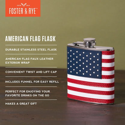 American flag flask, patriotic design, stainless steel flask with USA flag, perfect for 4th of July and outdoor events.