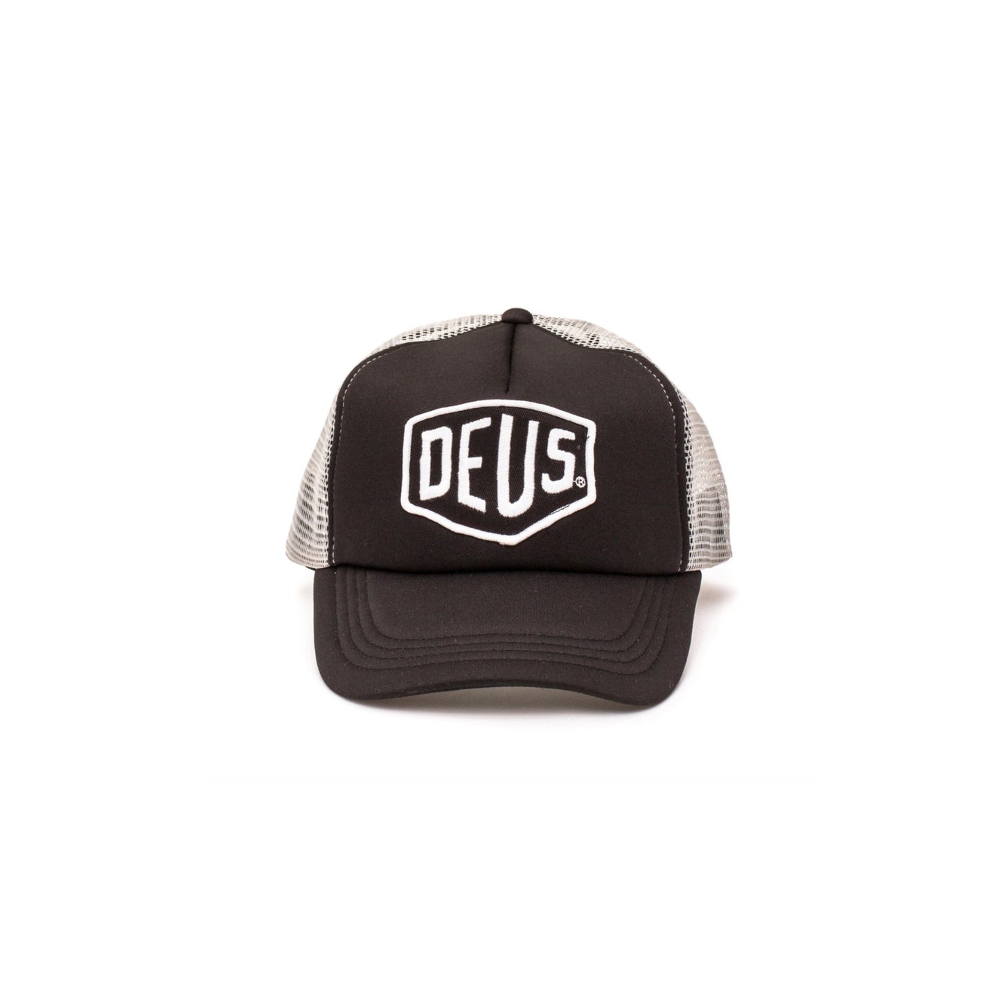 Black and white Deus Ex Machina Badlands hat with bold logo, designed for adventure and style, featuring rugged outdoor appeal.
