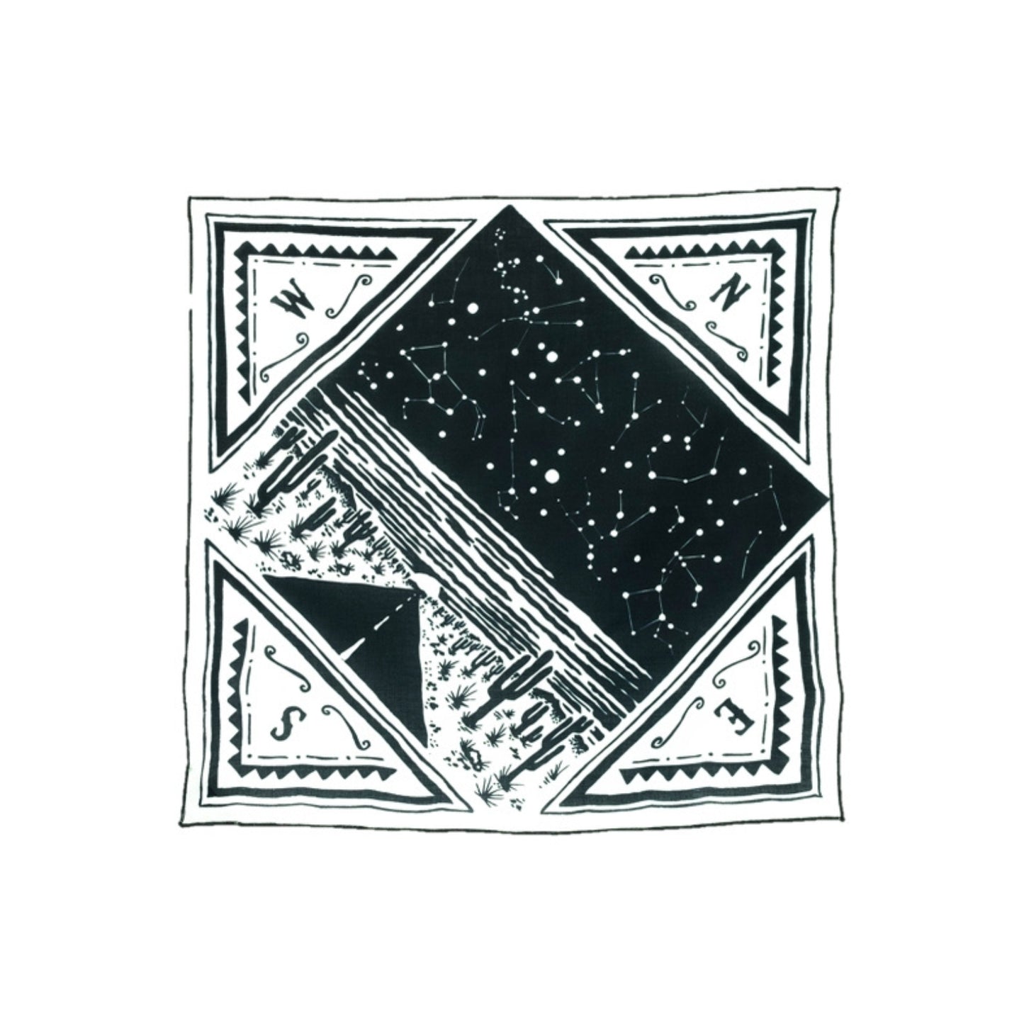 Black and white 100% organic cotton bandana with a western vintage design.