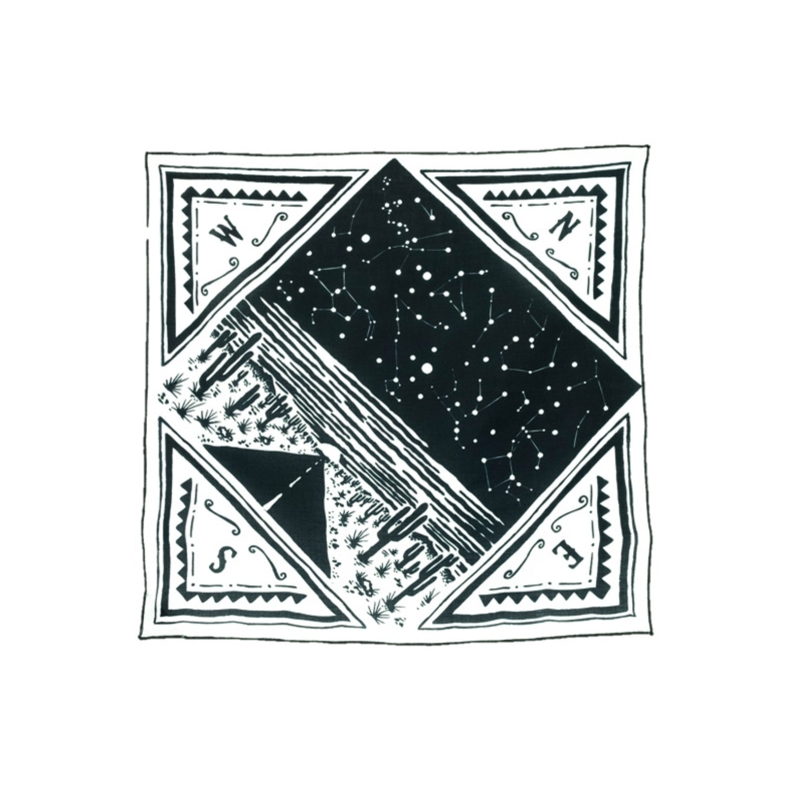 Black and white 100% organic cotton bandana with a western vintage design.
