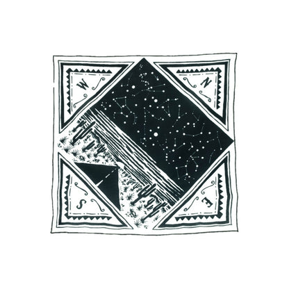 Black and white 100% organic cotton bandana with a western vintage design.
