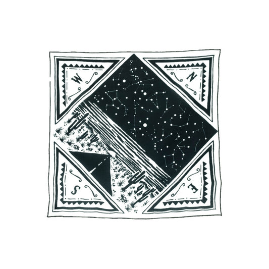Black and white 100% organic cotton bandana with a western vintage design.