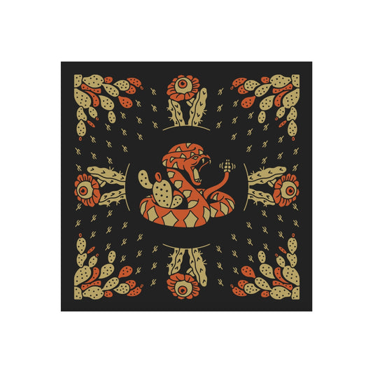 100% cotton black bandana featuring snake and cactus design, a stylish and durable accessory for western and desert-inspired looks