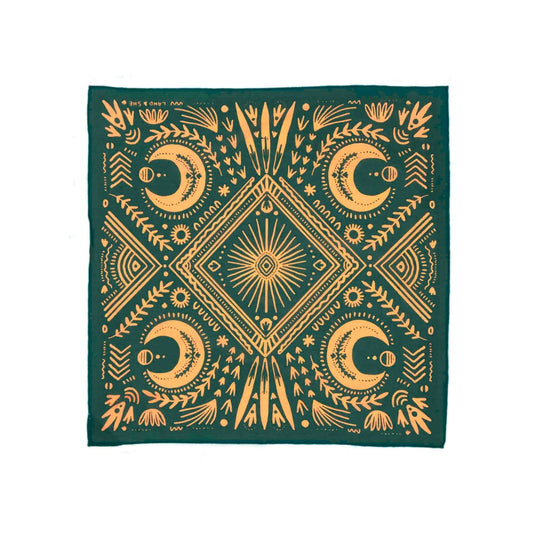100% Organic Cotton Green bandana with original artistry, paying homage to communities, featuring unique design and cultural appreciation.