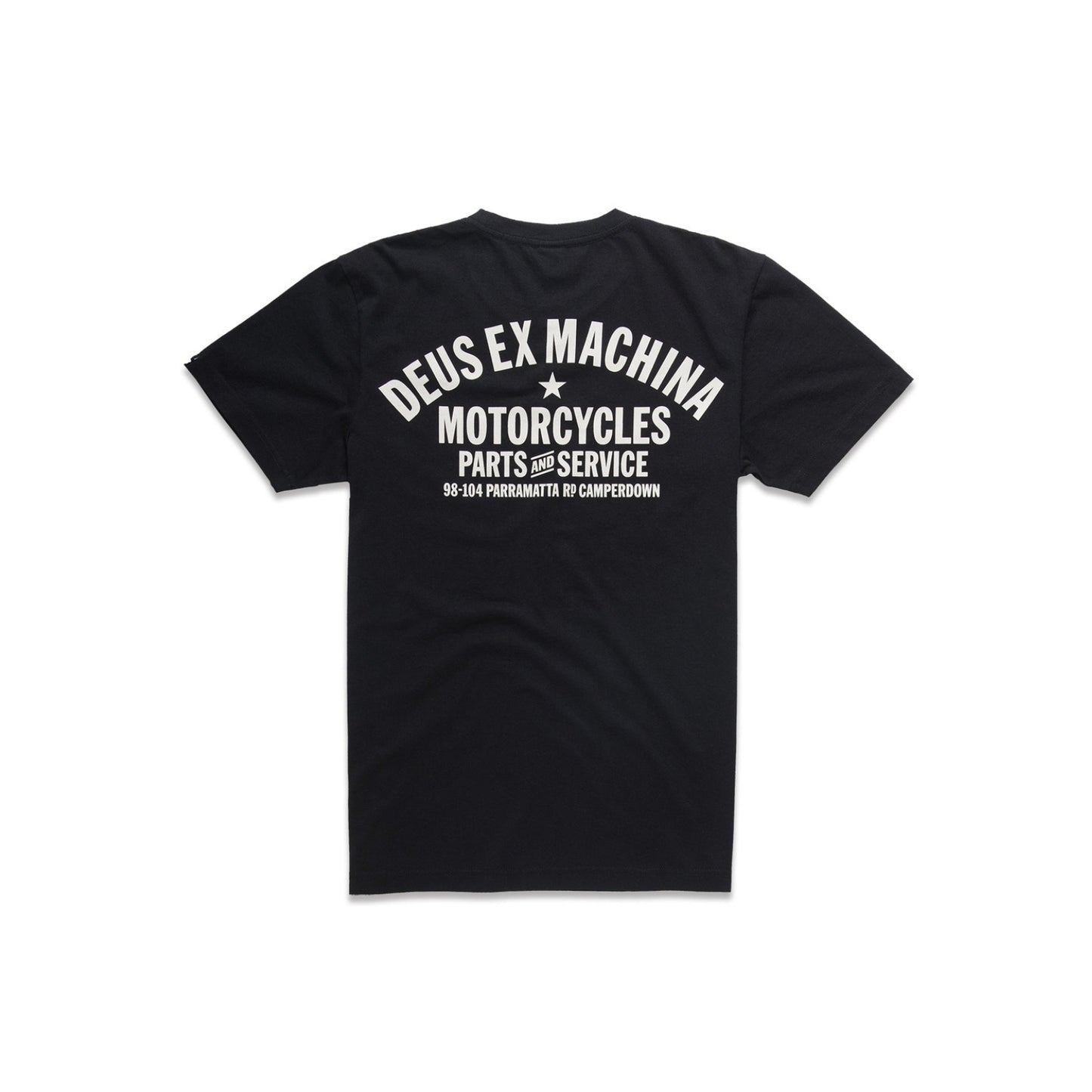 Classic black Deus Ex Machina t-shirt featuring the brand's iconic logo and bold design.