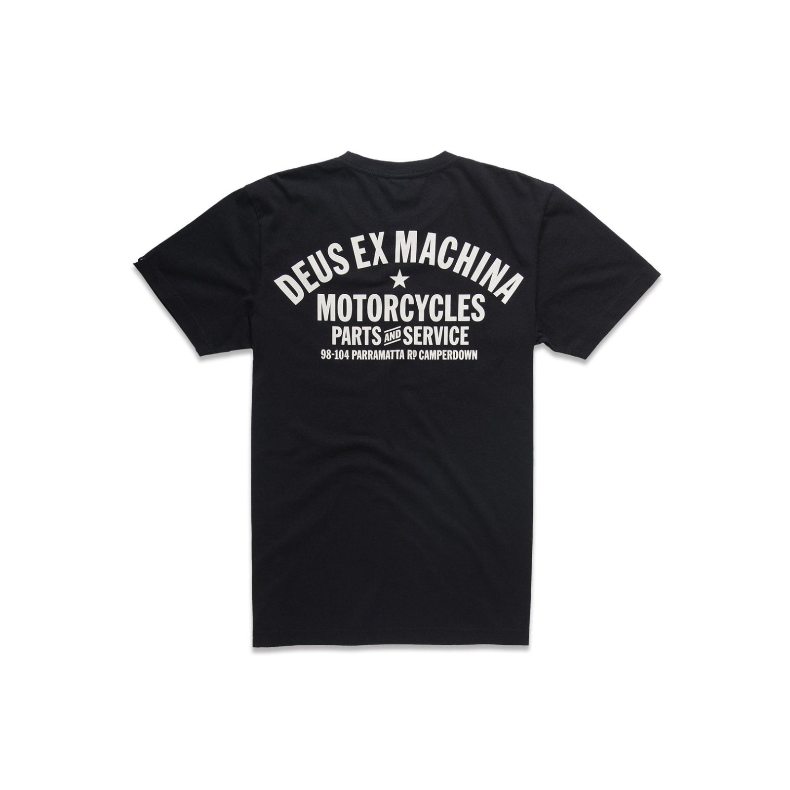 Classic black Deus Ex Machina t-shirt featuring the brand's iconic logo and bold design.
