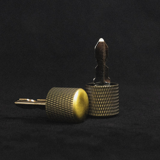 Alternative brass low profile key for motorcycles, designed for a sleek and durable ignition solution.