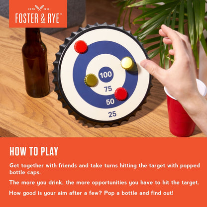 Fun bullseye game where players use bottle caps to hit a target, creating a unique and engaging twist on a classic game with a casual, playful vibe.