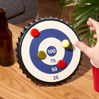 Fun bullseye game where players use bottle caps to hit a target, creating a unique and engaging twist on a classic game with a casual, playful vibe.