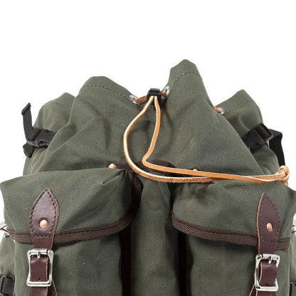 Rugged, durable camp backpack made in the USA, designed for the outdoor wilderness and multiple compartments for gear.