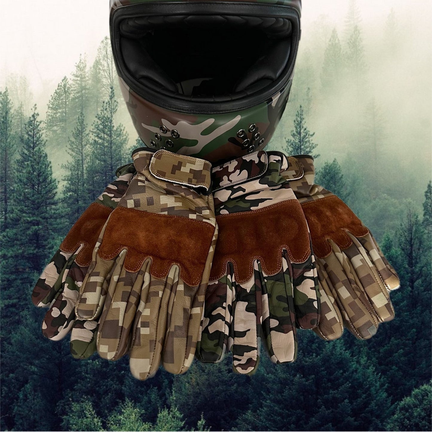 Camouflage motorcycle gloves for street riding and protective gear.


