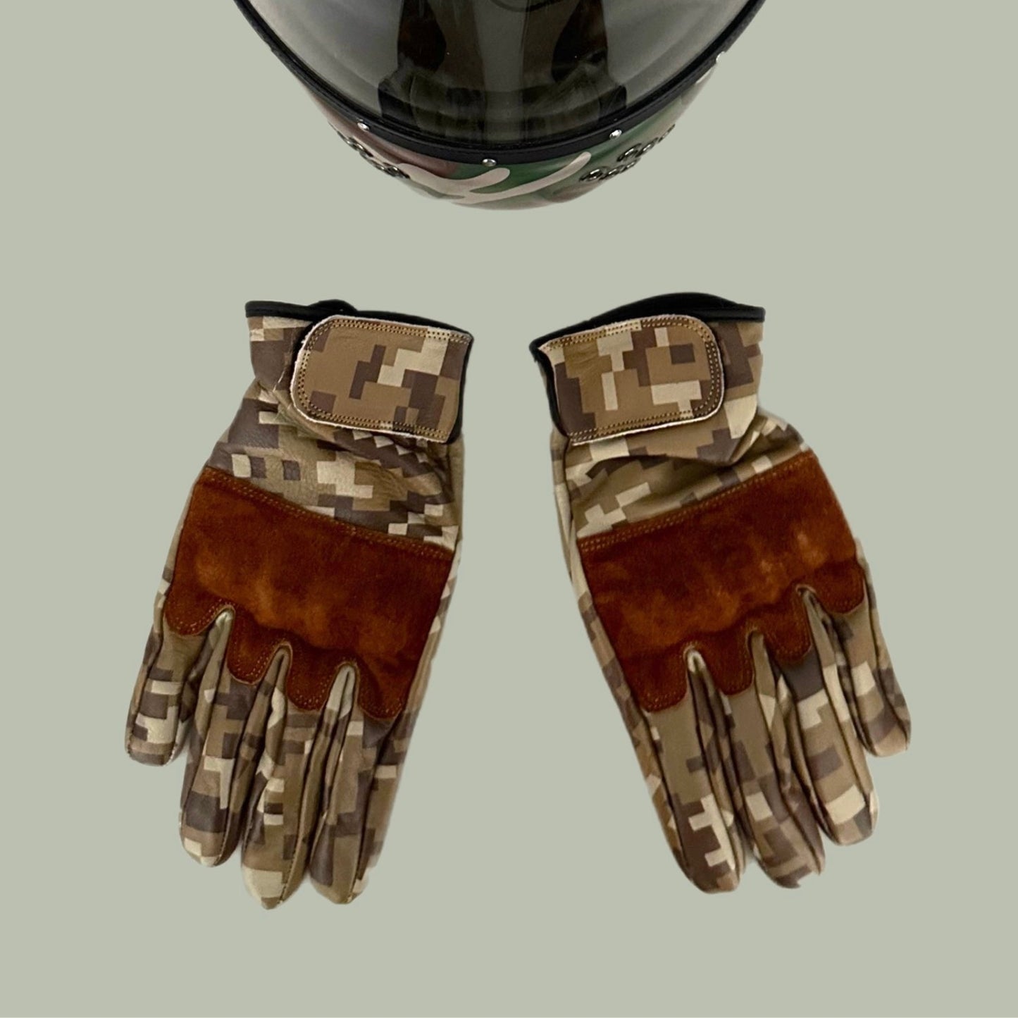 Camouflage motorcycle gloves for street riding and protective gear.

