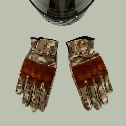 Camouflage motorcycle gloves for street riding and protective gear.

