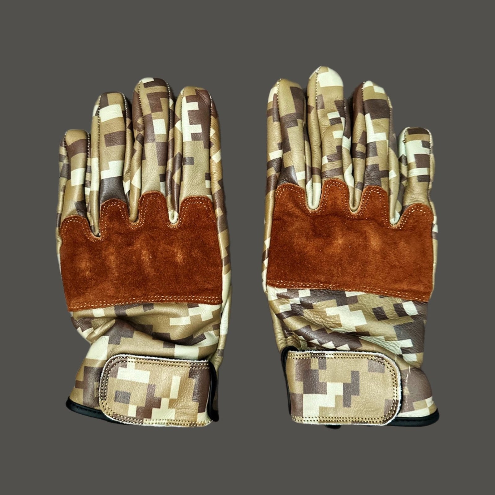 Camouflage motorcycle gloves for street riding and protective gear.