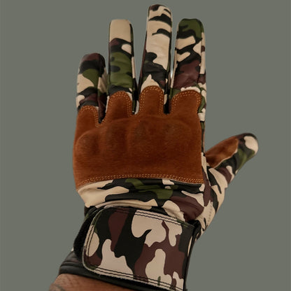 Jungle camouflage motorcycle gloves for street riding and protective gear.