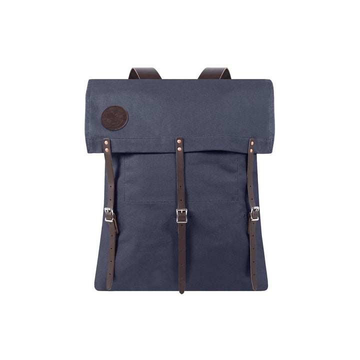 Navy colored rugged, durable camp backpack made in the USA, designed for outdoor adventures with and multiple compartments for gear.
