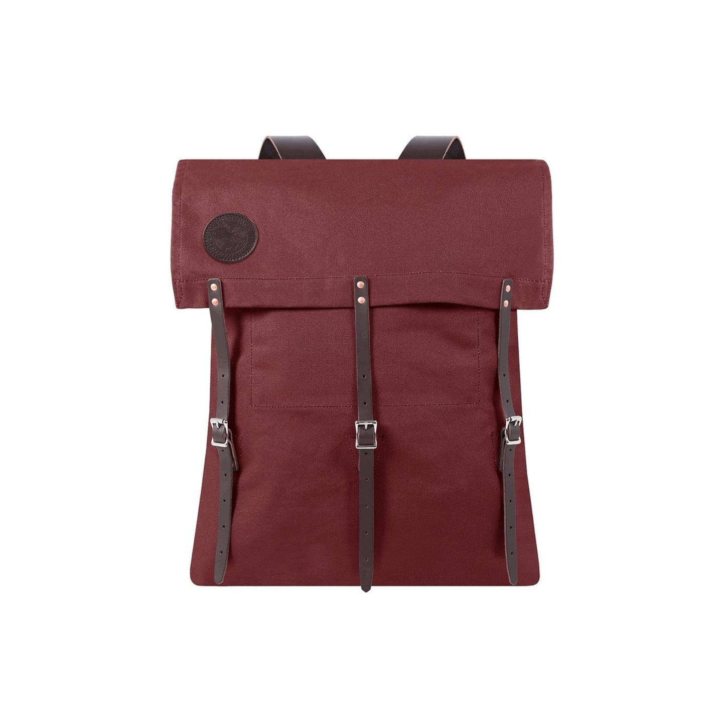 Burgundy colored rugged, durable camp backpack made in the USA, designed for outdoor adventures with and multiple compartments for gear.