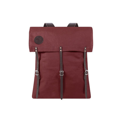 Burgundy colored rugged, durable camp backpack made in the USA, designed for outdoor adventures with and multiple compartments for gear.