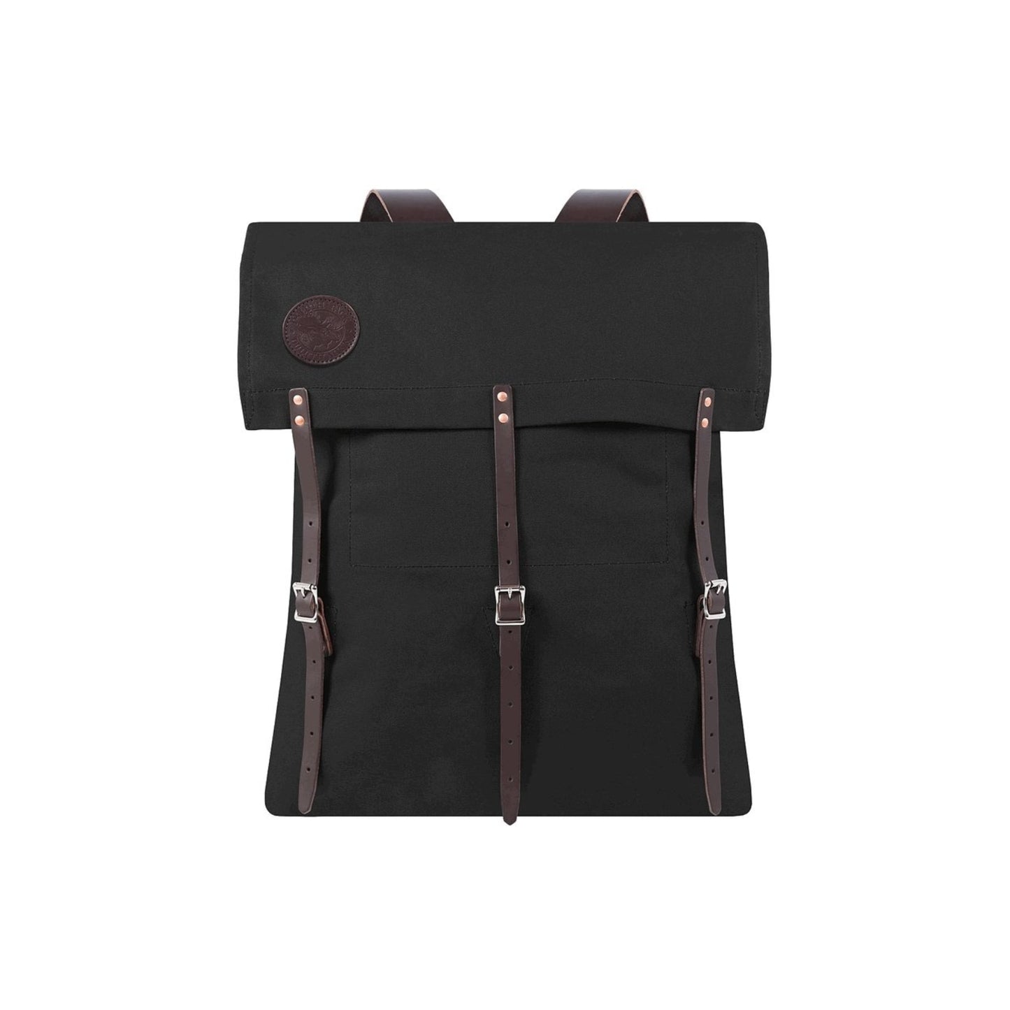 Black colored rugged, durable camp backpack made in the USA, designed for outdoor adventures with and multiple compartments for gear.