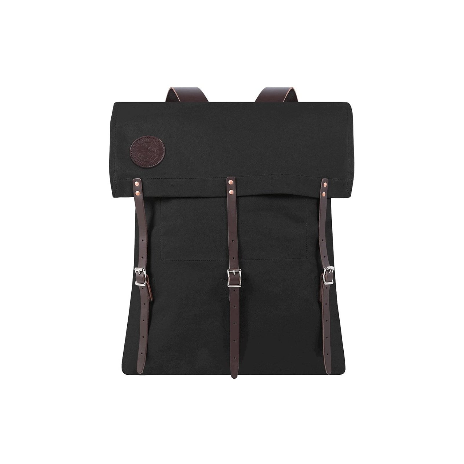 Black colored rugged, durable camp backpack made in the USA, designed for outdoor adventures with and multiple compartments for gear.