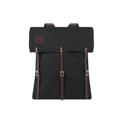 Black colored rugged, durable camp backpack made in the USA, designed for outdoor adventures with and multiple compartments for gear.