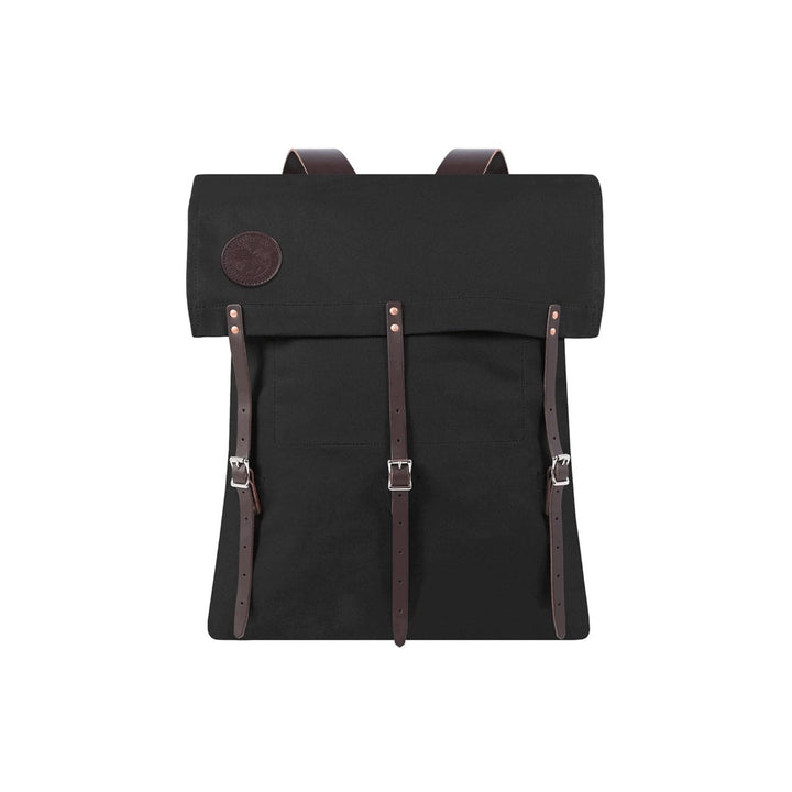 Black colored rugged, durable camp backpack made in the USA, designed for outdoor adventures with and multiple compartments for gear.