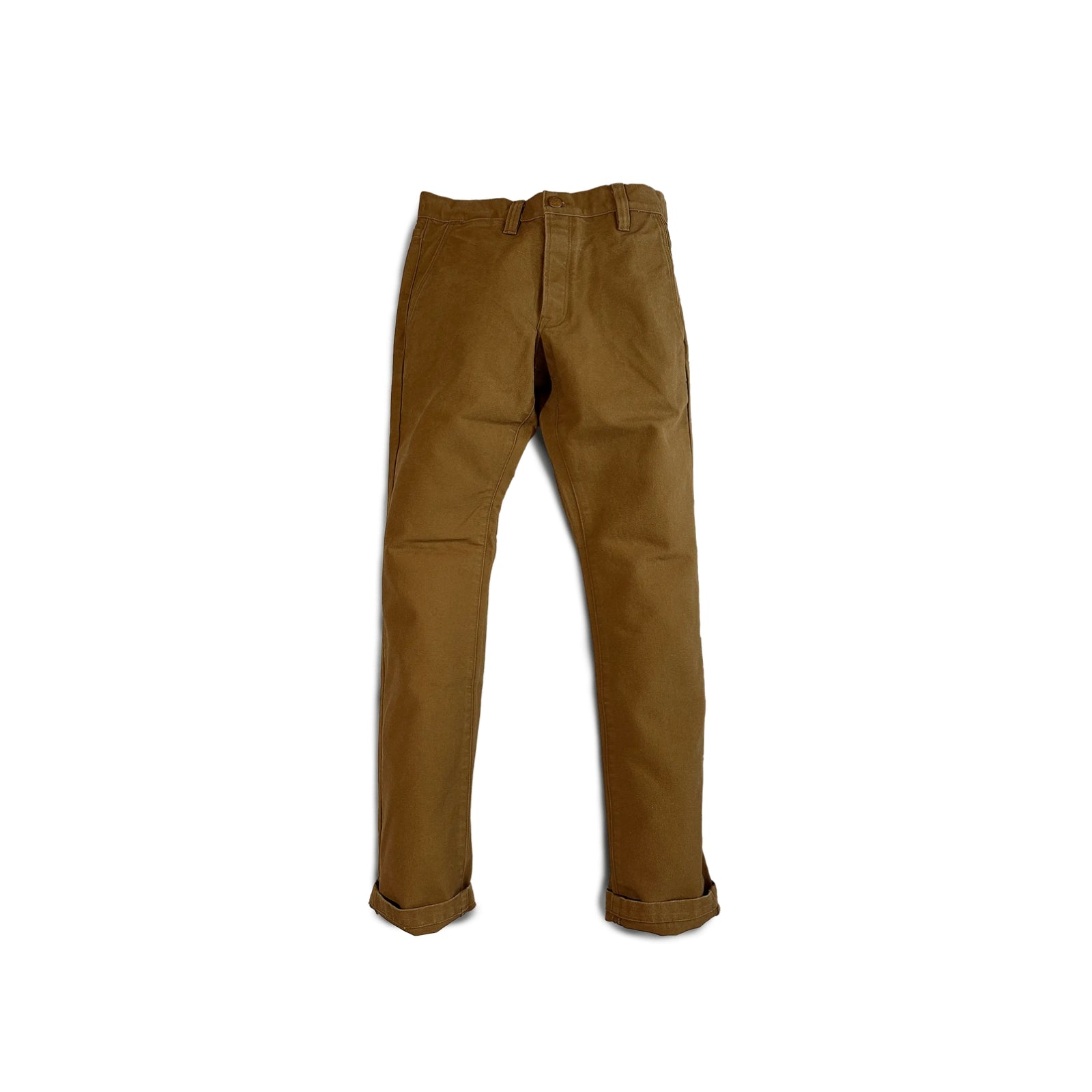 Durable brown colored canvas pants with a timeless classic design, offering a structured fit that fades over time like denim for a unique, worn-in look.