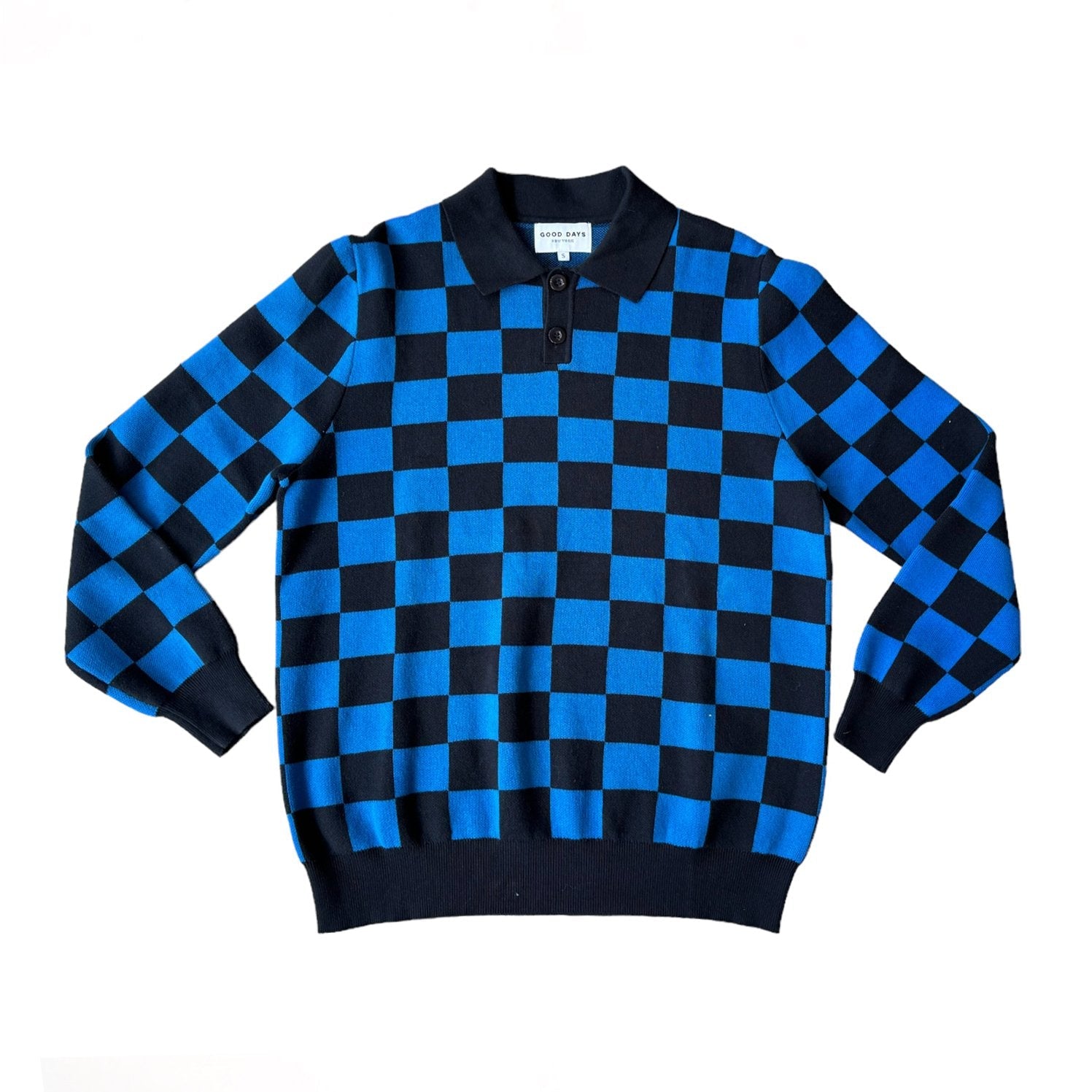 Checkered Knit Polo Sweater - Blue