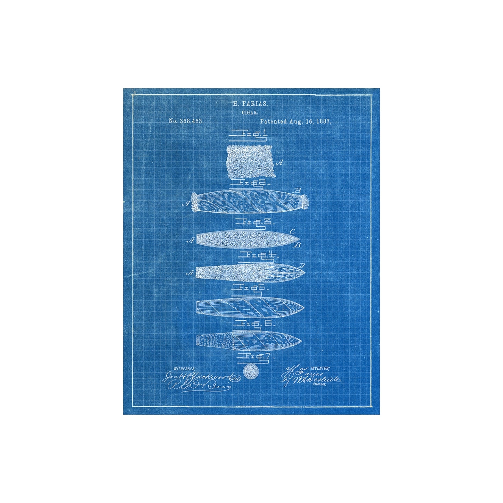 Original 1887 US Patent Office drawing for a cigar, showcasing detailed artwork and technical illustrations submitted for patent approval.
