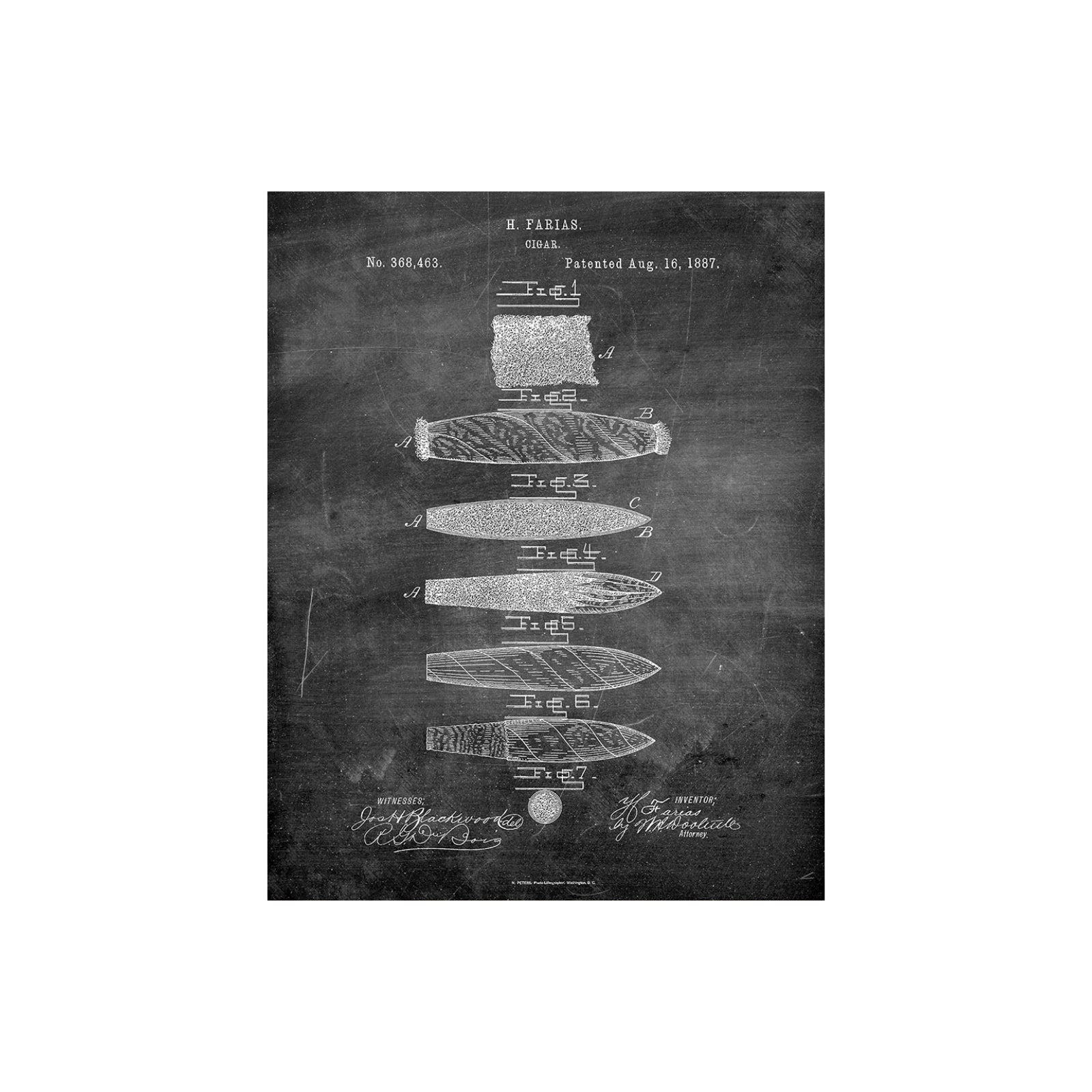 Original 1887 US Patent Office drawing for a cigar, showcasing detailed artwork and technical illustrations submitted for patent approval.